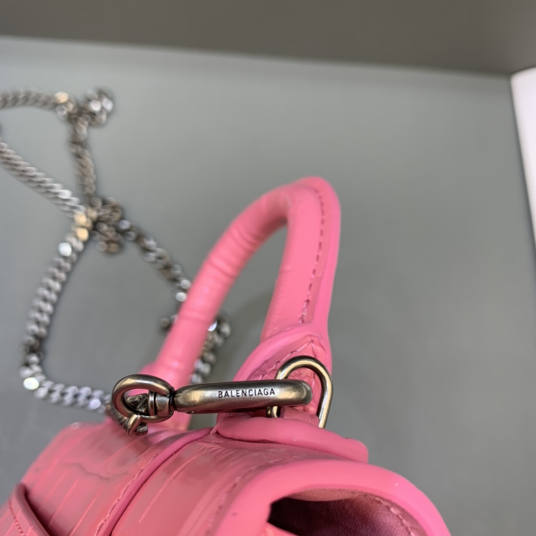 Balenciaga Hourglass Mini Handbag With Chain Crocodile Embossed Shoulder Bag Pink